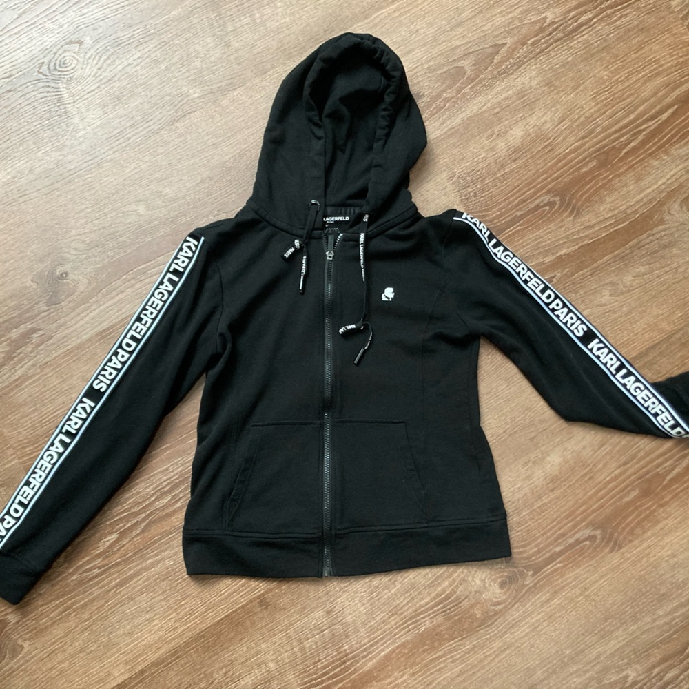 Karl Lagerfeld Paris Womens Zippered Black Hooded Sweatshirt Small